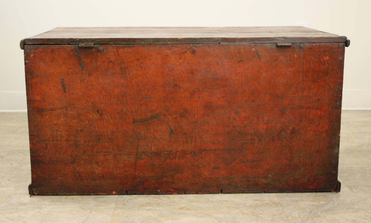 Antique English Red Painted Pine Trunk 1