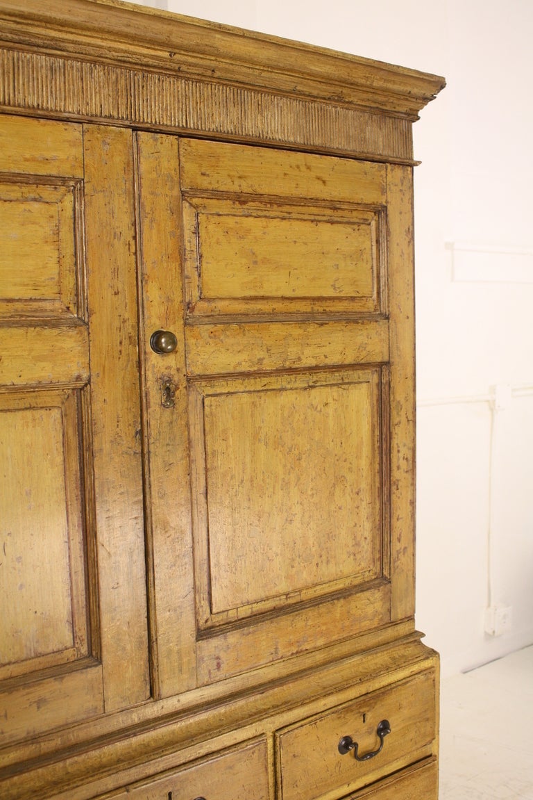Antique Georgian Cupboard, Old Yellow Paint, Reeded Top In Good Condition In Port Chester, NY