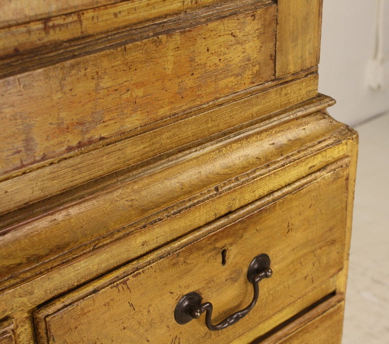 Wood Antique Georgian Cupboard, Old Yellow Paint, Reeded Top