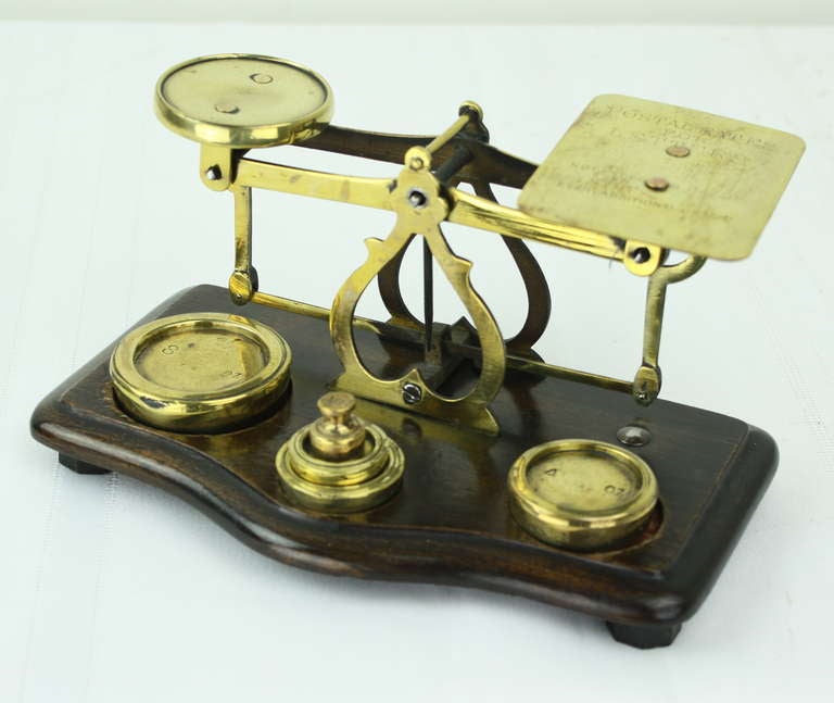 This is a decorative accessory to add panache to a desk top.  The letter is placed on the flat side of the balance and a small weight goes into the pan on the left.  Very nicely made.  All five of the little weights are marked with the weight value,