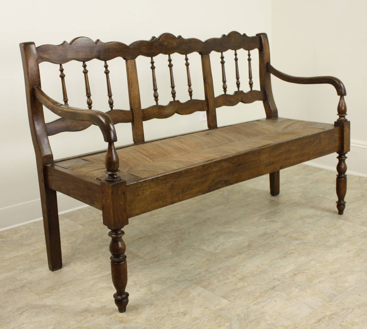 Antique French Chestnut Rush Seat Bench 1
