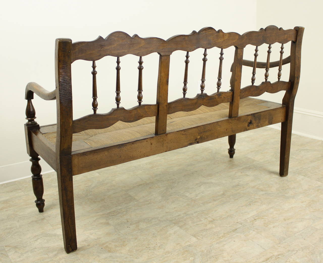 19th Century Antique French Chestnut Rush Seat Bench