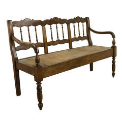 Antique French Chestnut Rush Seat Bench