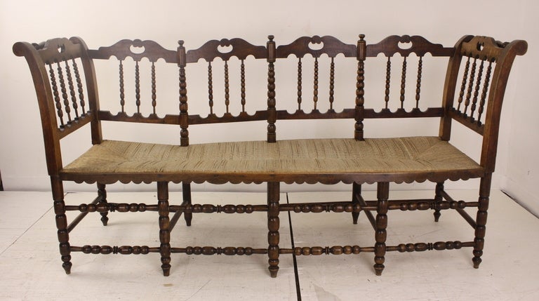 Antique French Rush Seated Bench with Spindle Back 2