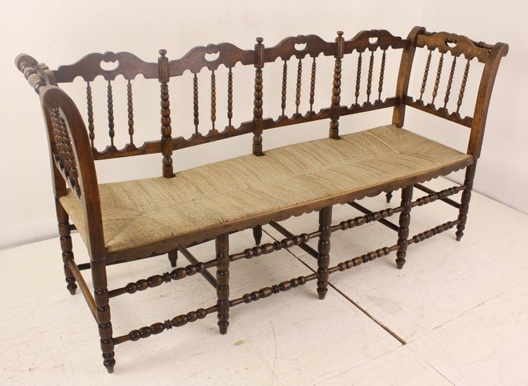 Antique French Rush Seated Bench with Spindle Back 1
