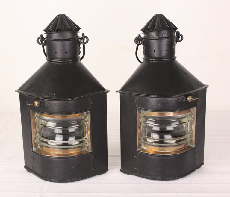 A collection of nautical and stable lamps from England, c.1900. A very decorative collection. Height below is for image 3 stable lantern.

Image 2:  Pair of Port and Starboard fishing boat lanterns, c. 1920.  $925 for the pair. Height measurement