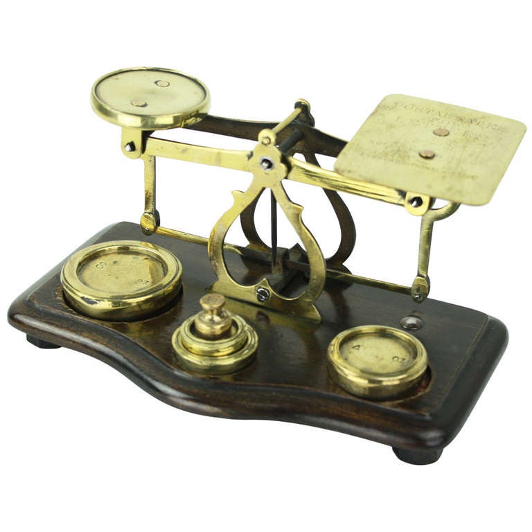 Antique English Brass Postal Scale and Weights at 1stdibs