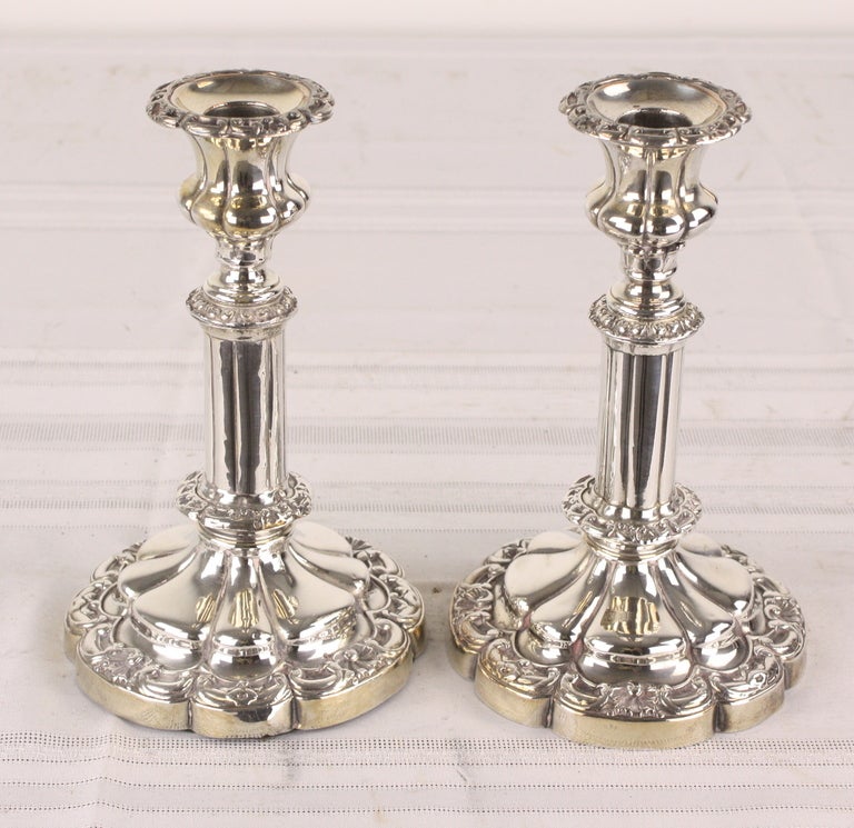 This is a great look for a group of silver plated candlesticks for the center of a table, or on a mantle or sideboard.  The candlesticks date from the English Victorian  period, and are a great mix.  The candlesticks on the right are showing a great