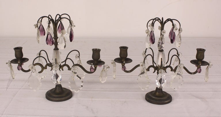 Pair of Charming Vintage French Cyrstal, Amethyst and Metal Candlestick Lamps