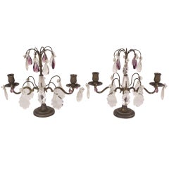 Pair of Charming Vintage French Cyrstal, Amethyst and Metal Candlestick Lamps