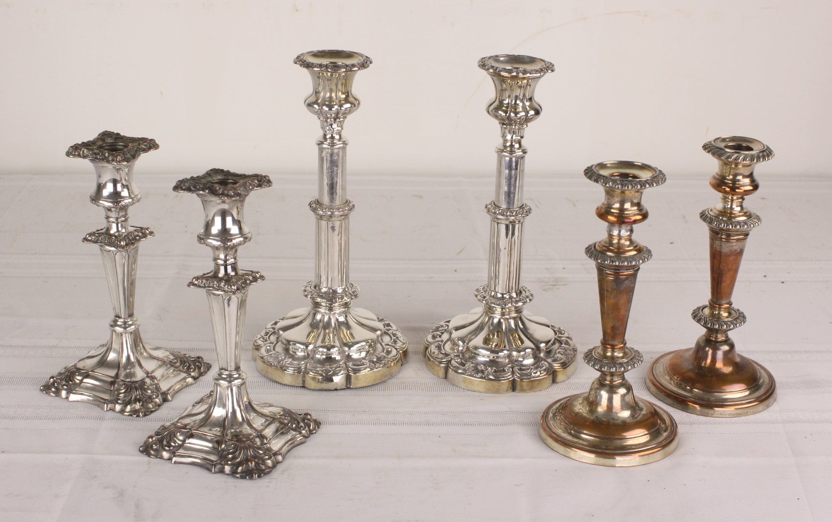 Collection of Three Pairs of Antique English Silver Plated Candlesticks