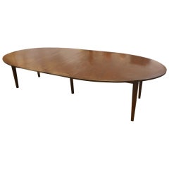 Long Oval Banded Dark Oak Dining Room Table, Two Leaves.
