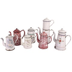 Antique Collection of Seven French Enamel Coffee Pots