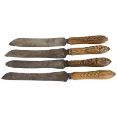 Set Of Four Antique English Bread Knives, Carved Handles