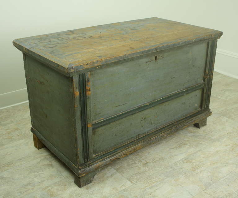 Pretty two-color blue, with old distress. Sturdy.  See image 9, some old rings on the top.  Pretty shaped feet.