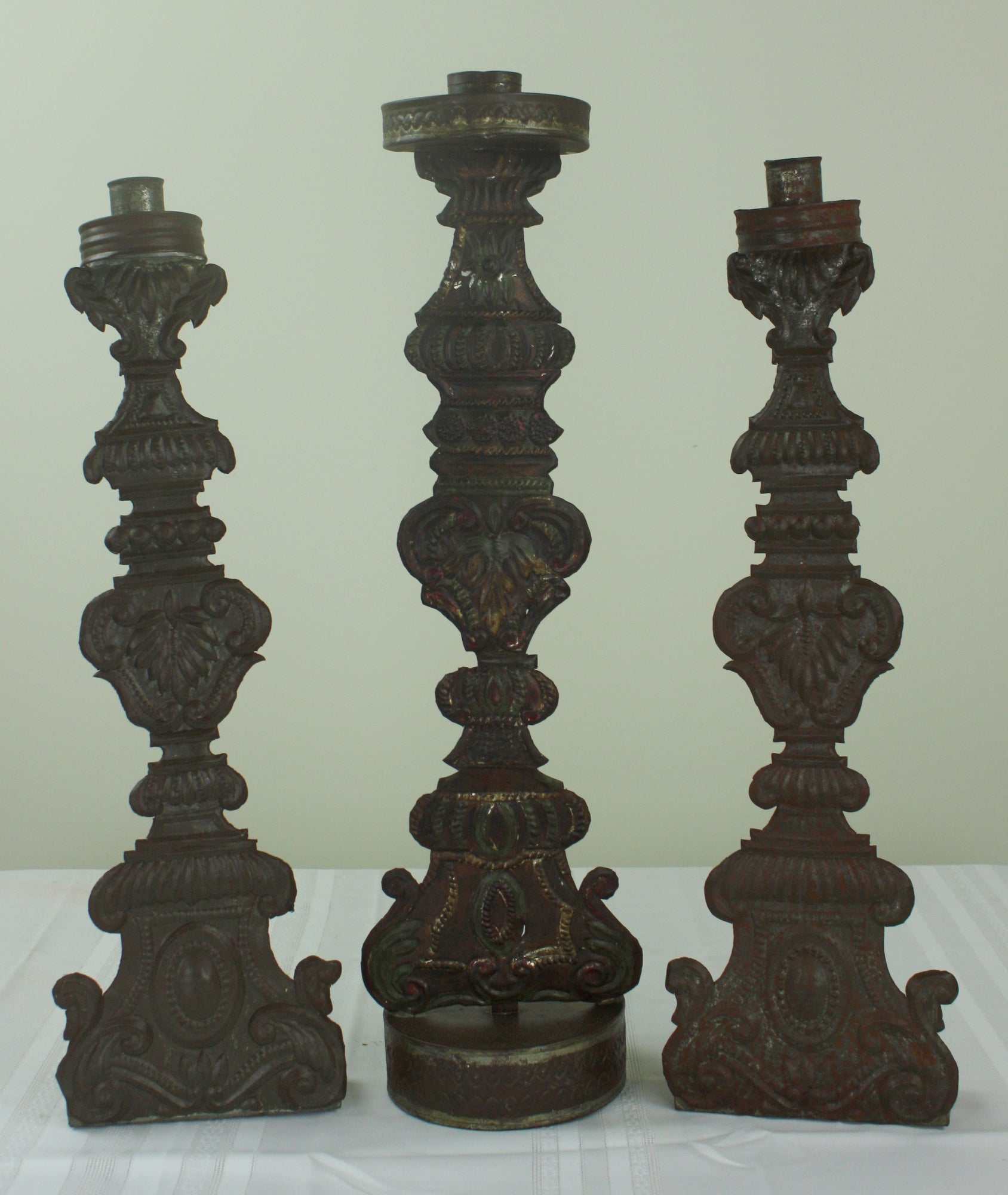 Three Antique Spanish Handcut Metal Altar Sticks
