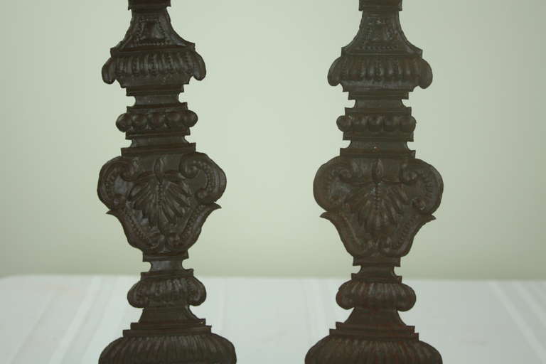 Three Antique Spanish Handcut Metal Altar Sticks 4