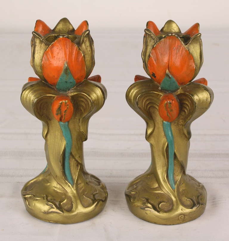 Very glamorous candlesticks, colorful, and a nice tall size. Art Nouveau influence but we think they are from the 1930s.