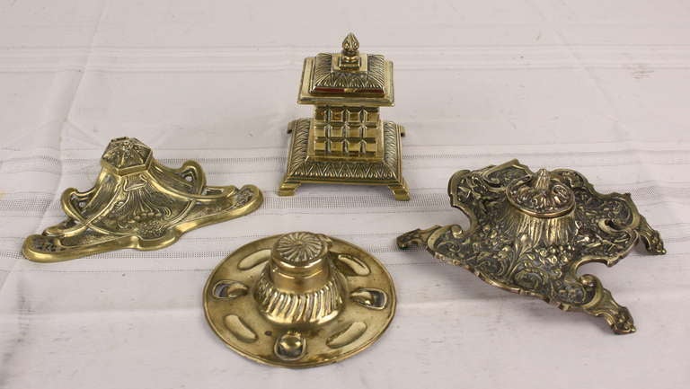 A nice desk collection, brass with the interior inkwells. Victorian, Edwardian, Art Nouveau. Measurements are for the piece in image #2. The other pieces are similarly proportioned.