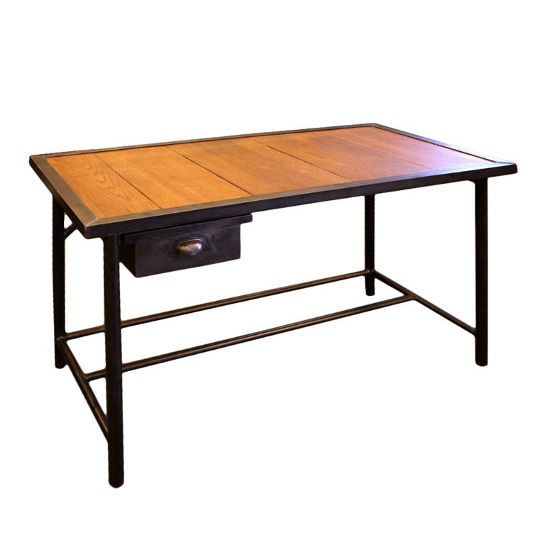 French Vintage Industrial Steel Desk with Wood Top , One Drawer
