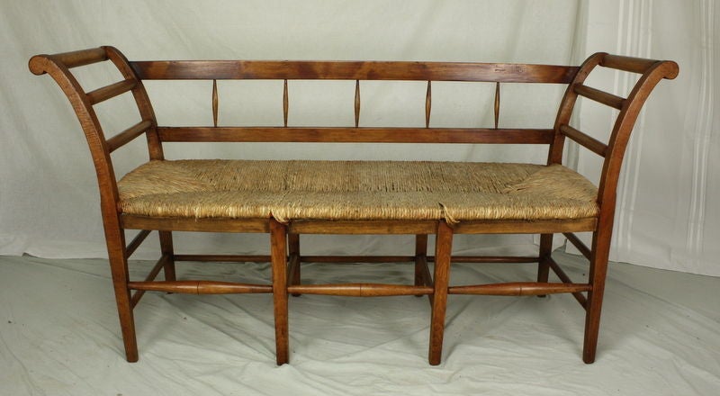 Wood Antique French Fruitwood Rush Seat Bench