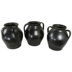 Three Antique Black Rustic Romanian Pots