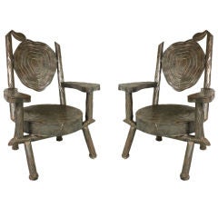 Unique Pair Of Metal Faux Bois Garden Chairs