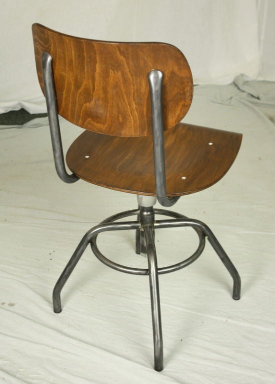 Mid-20th Century Eight French Industrial Steel and Wood Chairs, Adjustable Height