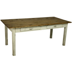 Antique English Pine Wide Country Dining Table, Painted Base