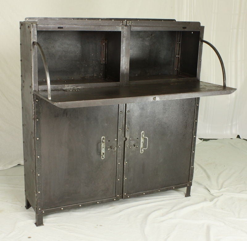French Industrial Steel Drop Front Desk/Bar Cabinet