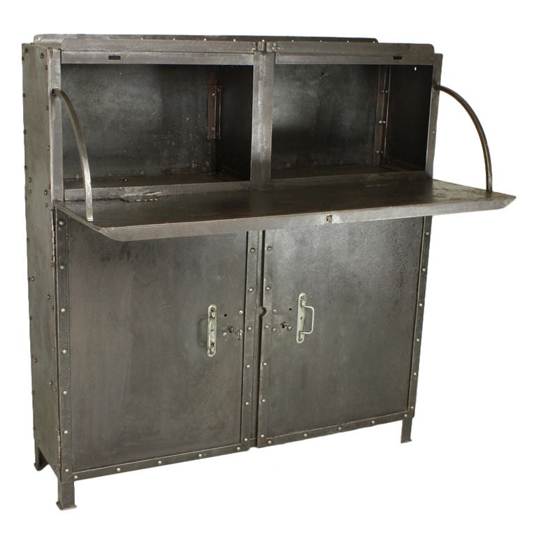 French Industrial Steel Drop Front Desk/Bar Cabinet