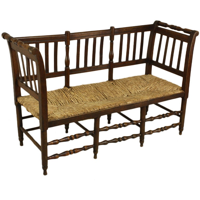 Antique French Rush Seat Bench