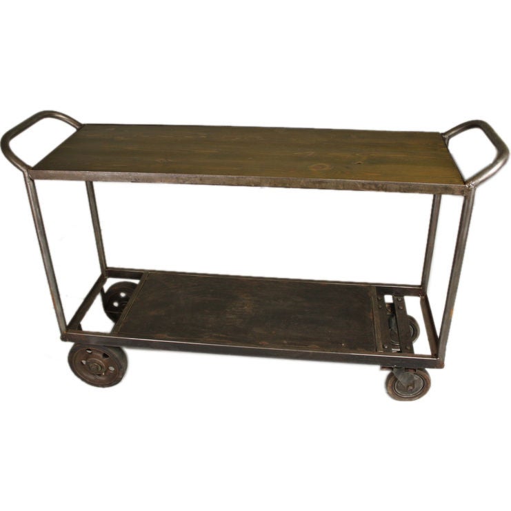 French Vintage Industrial Steel and Wood Trolley For Sale