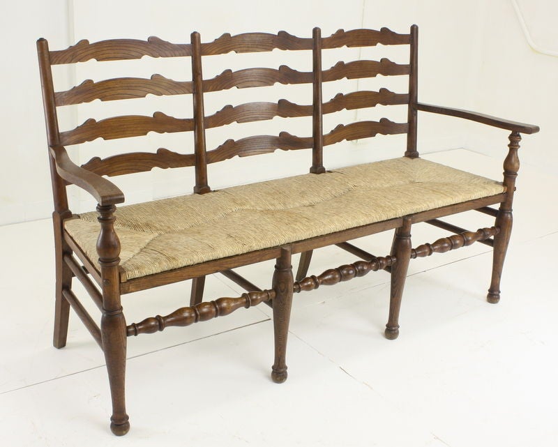 19th Century Antique French Elm Bench, Rush Seat