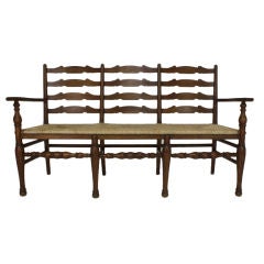 Antique French Elm Bench, Rush Seat