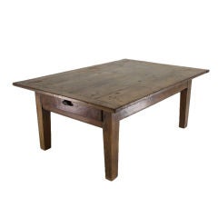 Antique French Pine Coffee Table  2 Drawers, Stylized Handle