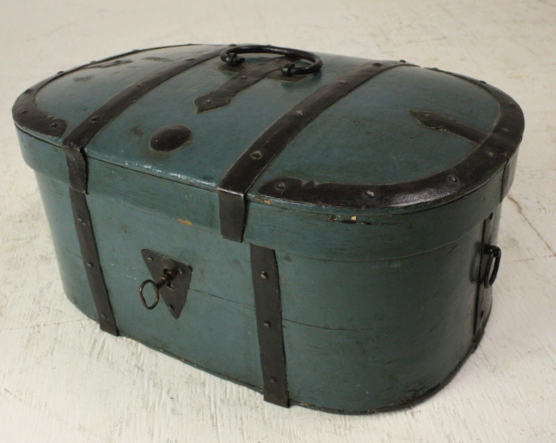 Lovely good-sized dometop box, with all the original metal strappings and hinges etc.  Key included.  The color is outstanding, and original also.  A beauty.