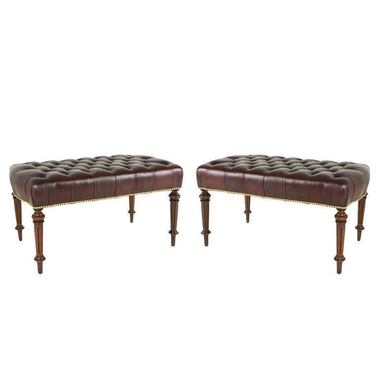 Pair Of English Antique Long Tufted-leather Stools