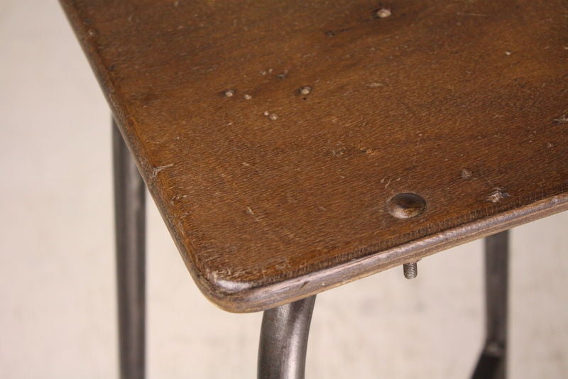Pair of Vintage French Industrial Steel and Wood Stools In Good Condition In Port Chester, NY