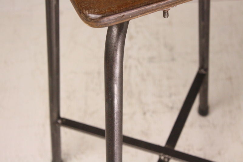 Mid-20th Century Pair of Vintage French Industrial Steel and Wood Stools