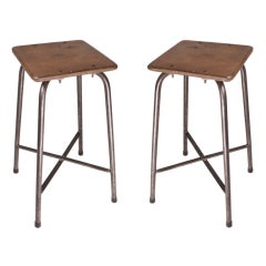 Pair of Vintage French Industrial Steel and Wood Stools