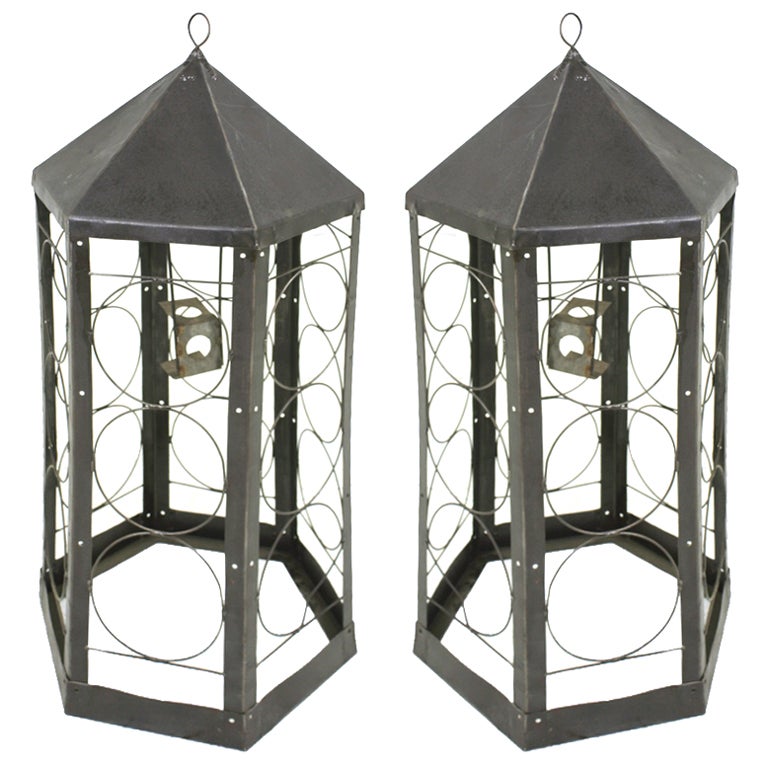 French Vintage Pair of Tall Hanging Industrial Steel Lanterns