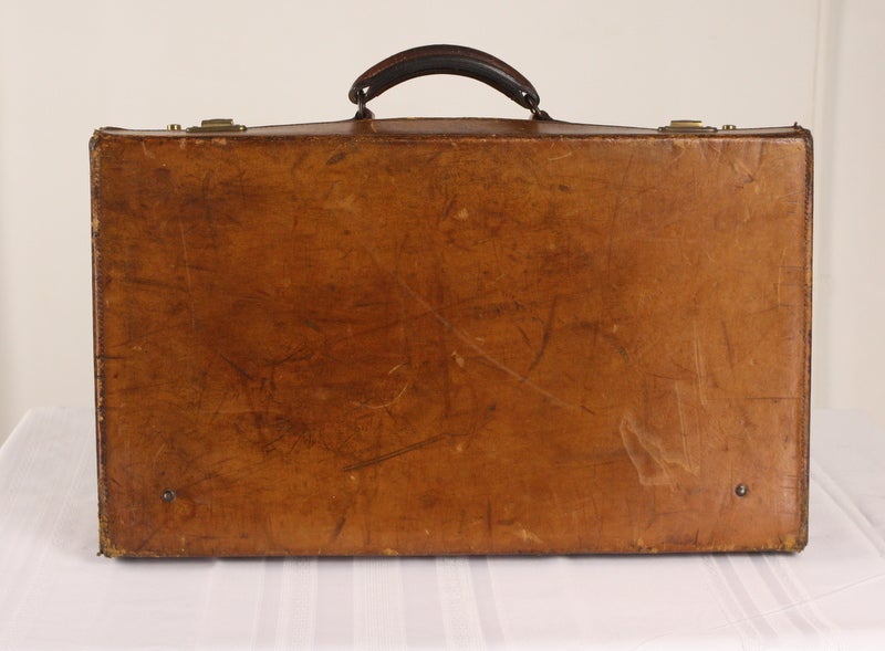 Stack Of Three English Leather Suitcases 7