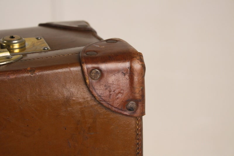 Stack Of Three English Leather Suitcases 4