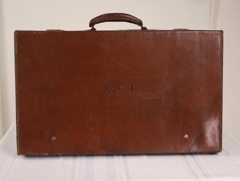 Stack Of Three English Leather Suitcases 6