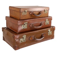Vintage Stack Of Three English Leather Suitcases