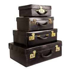 Set Of Four Black Leather English Vintage Cases