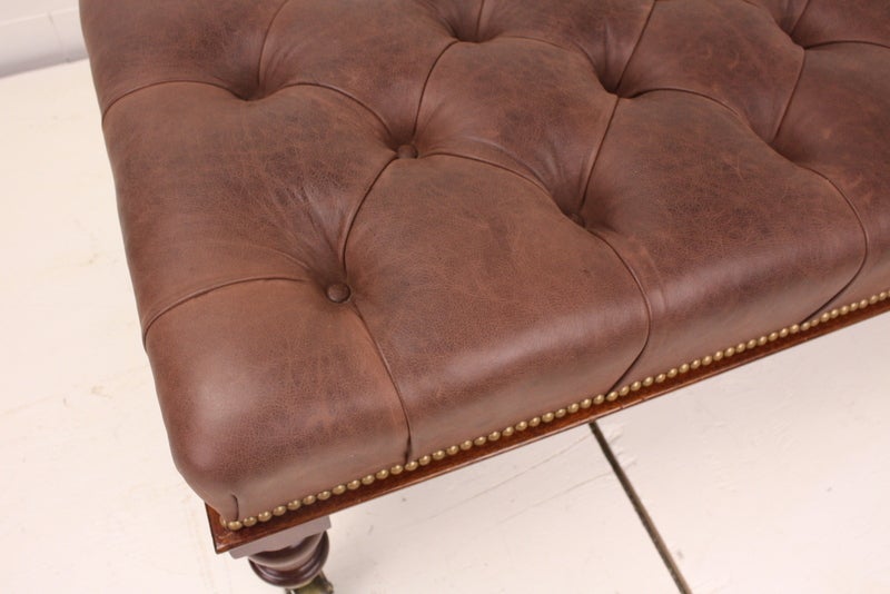 English Large Antique Mahogany Tufted Leather-covered Footstool
