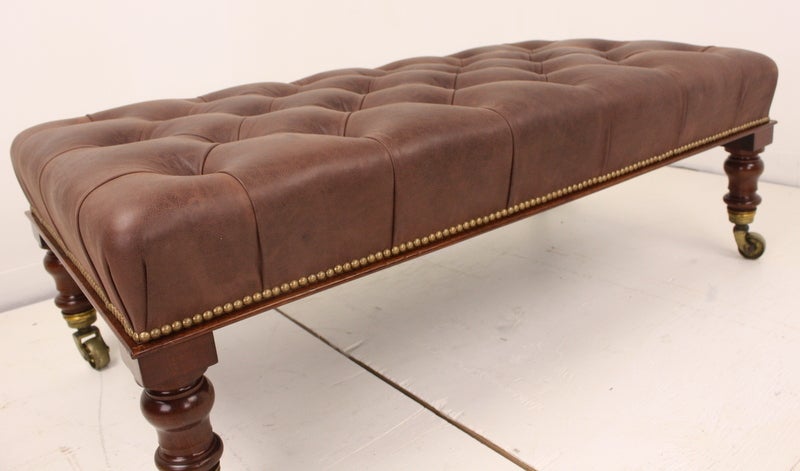 Large Antique Mahogany Tufted Leather-covered Footstool 1