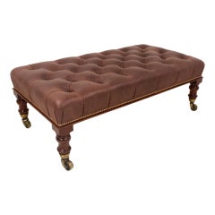 Large Antique Mahogany Tufted Leather-covered Footstool